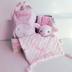 Pack regalo bebe bolsa muselina estrellas rosa