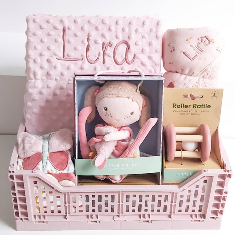 Canastilla bebe neceser pack regalo tractores rosa