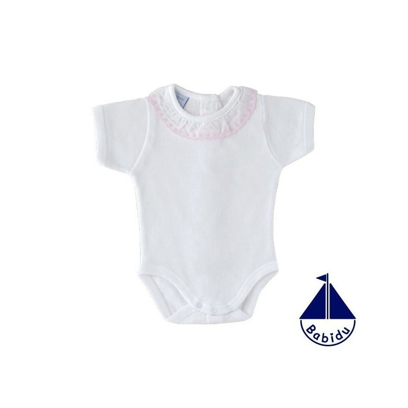 frío personal infinito Body Babidu M/C cuello batista blanco det. rosa